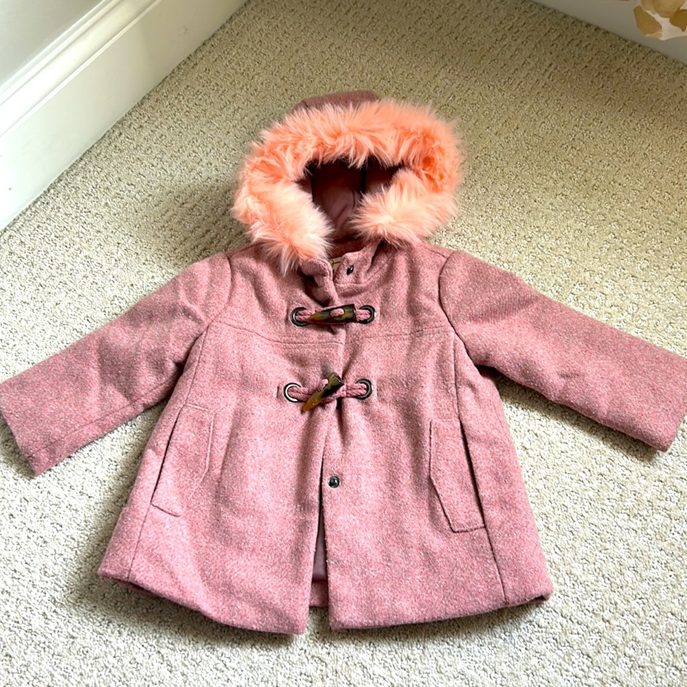 Toddler pink toggle coat with faux fur hood